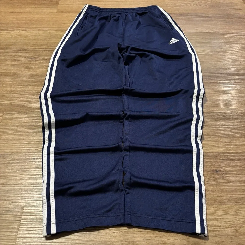 Vintage Adidas Track Pants Mens Large Navy Snap Breakaway 3 Stripe Tearaway Y2K